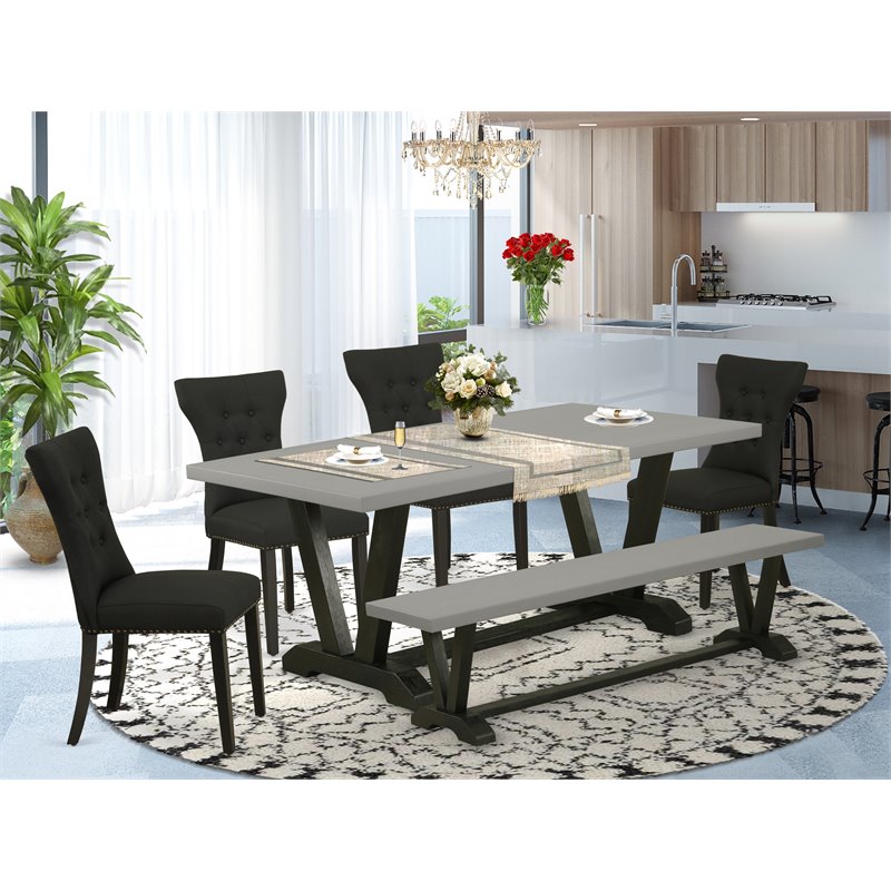 Pemberly Row 6-Piece Dining Set with Bench and Fabric Chairs in Black