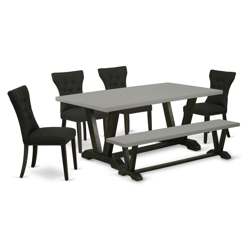 Pemberly Row 6-Piece Dining Set with Bench and Fabric Chairs in Black