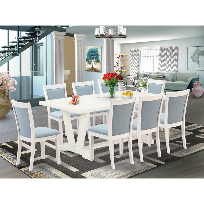 Pemberly Row 9-Piece Rubberwood Dining Set in Baby Blue and White