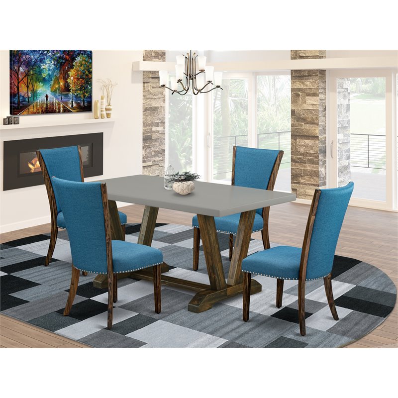 Pemberly Row 5-Piece Wood Dining Set in Jacobean Brown and Blue Upholstery
