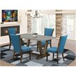 Pemberly Row 5-Piece Wood Dining Set in Jacobean Brown and Blue Upholstery