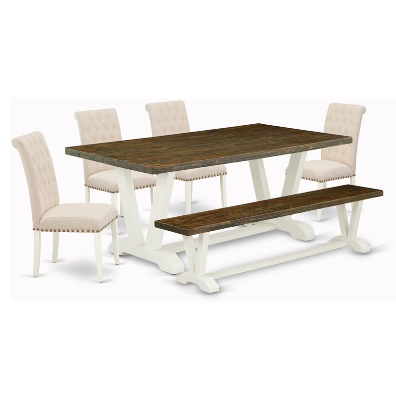 Pemberly Row 6-Piece Wood Dining Set in White and Light Beige Upholstery
