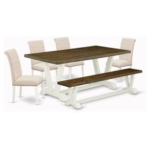 Pemberly Row 6-Piece Wood Dining Set in White and Light Beige Upholstery