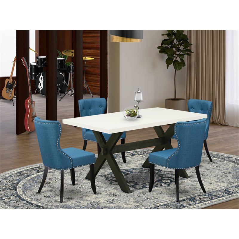 Pemberly Row 5-Piece Wood Dining Set with Linen Upholstery in White/Blue