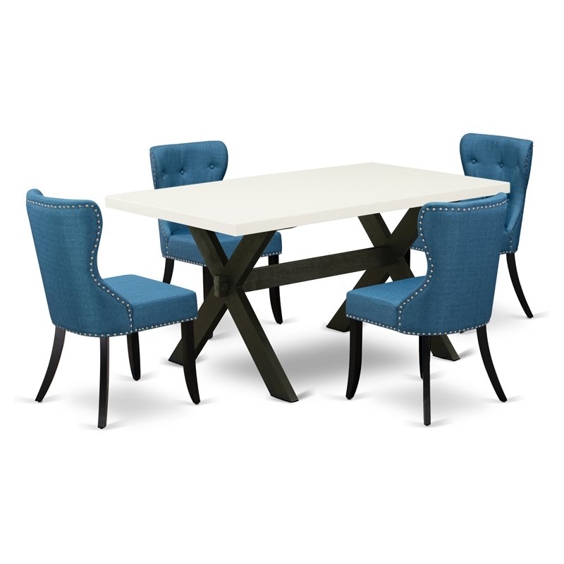 Pemberly Row 5-Piece Wood Dining Set with Linen Upholstery in White/Blue