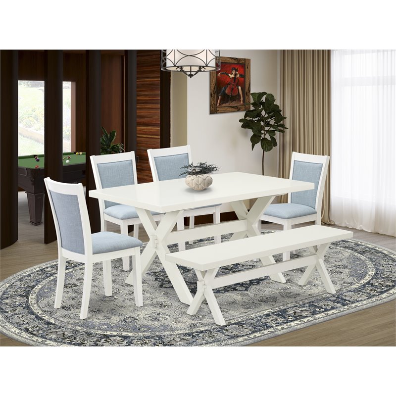 Pemberly Row 6-Piece Dining Set with Wooden Bench in White and Baby Blue
