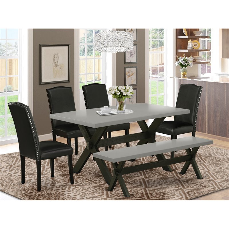 Pemberly Row 6-Piece Wood Dining Set in Cement with Black Upholstery