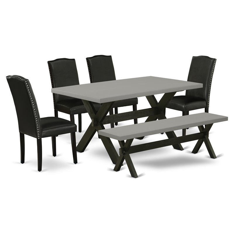 Pemberly Row 6-Piece Wood Dining Set in Cement with Black Upholstery