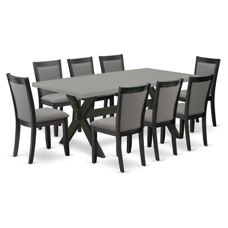 Pemberly Row 9-Piece Wood Dining Set with Cement Top and Gray Upholstery