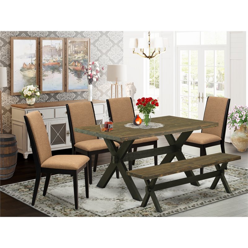 Pemberly Row 6-Piece Wood Dining Set with Black Finish and Sable Fabric
