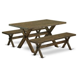 Pemberly Row 3-Piece Kitchen Table Set with Wood Benches in Jacobean