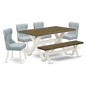 Pemberly Row 6-Piece Wood Dining Set with Bench in White/Baby Blue