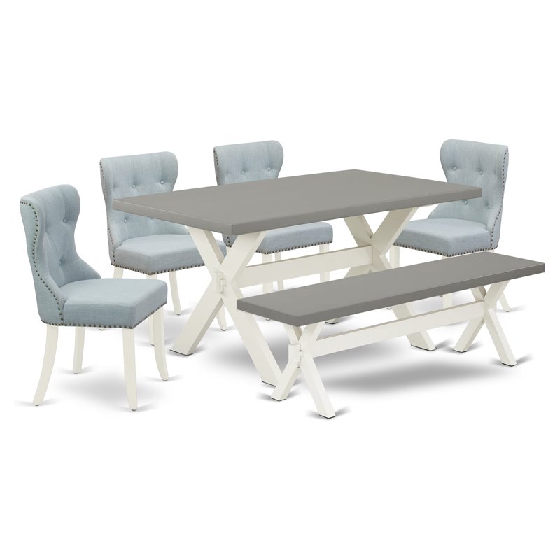 Pemberly Row 6-Piece Wood Dining Set Linen Fabric Upholstery Baby Blue