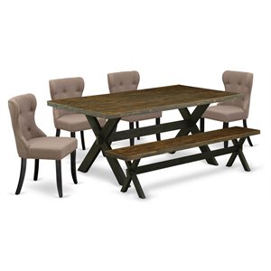 Pemberly Row 6-Piece Dining Set with Bench and Tufted Chairs in Jacobean