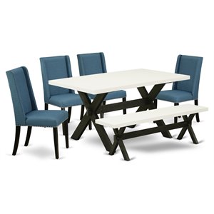Pemberly Row 6-Piece Dinette Set with Blue Upholstered Chairs and Bench