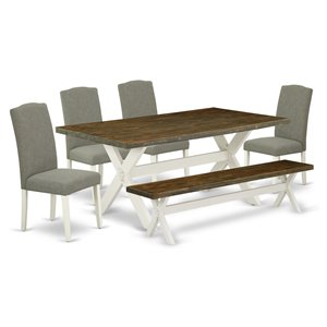Pemberly Row 6-Pc Wood Dining Set with Bench in Linen White / Dark Shitake