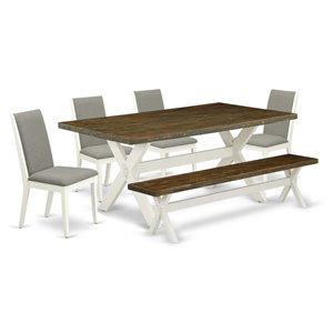 Pemberly Row 6-Piece Dining Set with Bench in Linen White/Shitake Finish