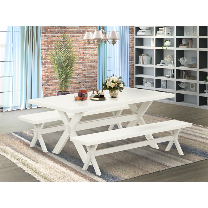 Pemberly Row 3-Piece Rubber Wood Dinette Set with 2 Benches in Linen White