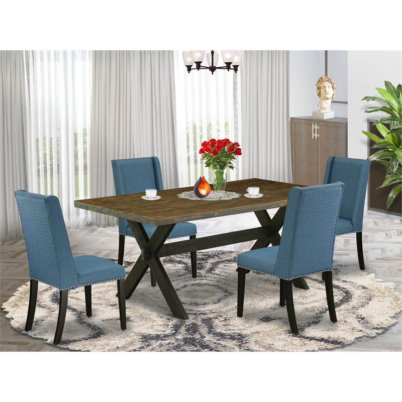 Pemberly Row 5-Piece Wood Dining Set in Mineral Blue Linen and Jacobean
