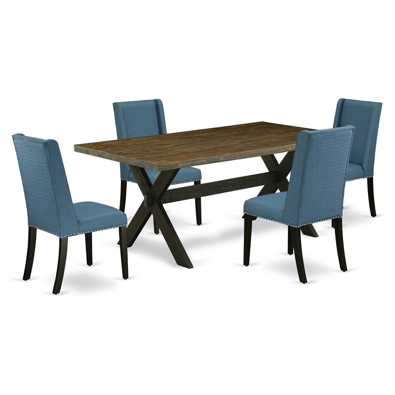 Pemberly Row 5-Piece Wood Dining Set in Mineral Blue Linen and Jacobean