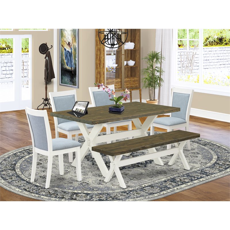 Pemberly Row 6-Piece Wood Dining Set with Bench in Baby Blue/White Finish