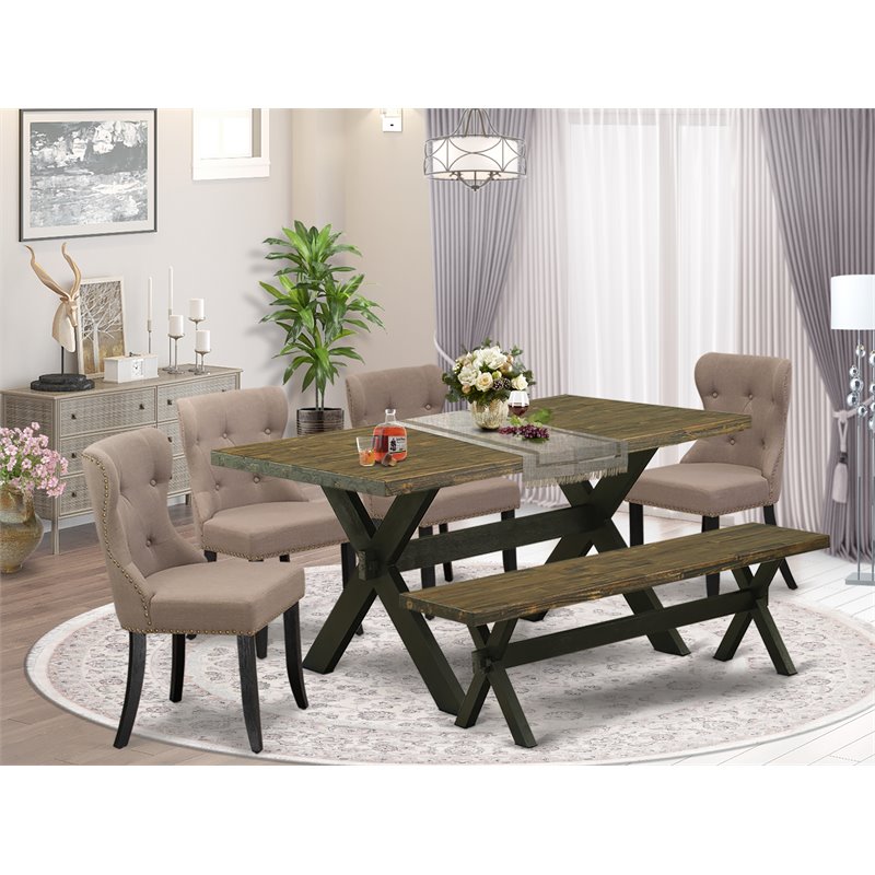 Pemberly Row 6-Piece Wood Dining Set with Linen Seats in Black/Coffee