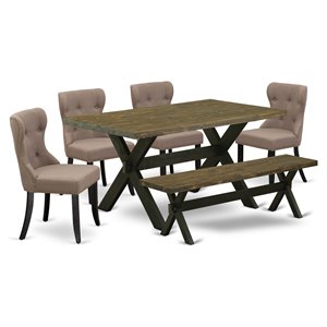 Pemberly Row 6-Piece Wood Dining Set with Linen Seats in Black/Coffee