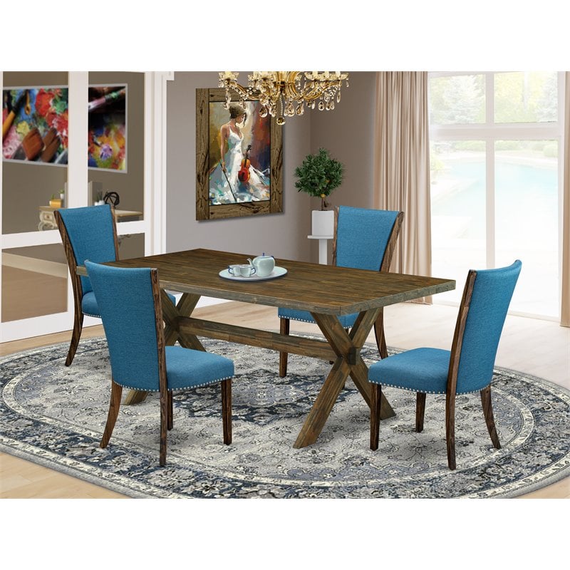 Pemberly Row 5-Piece Wood Dining Set in Jacobean and Blue Upholstery