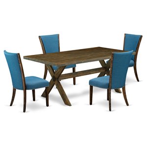 Pemberly Row 5-Piece Wood Dining Set in Jacobean and Blue Upholstery