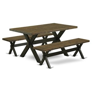Pemberly Row 3-Piece Rubber Wood Dining Table Set with Bench in Black