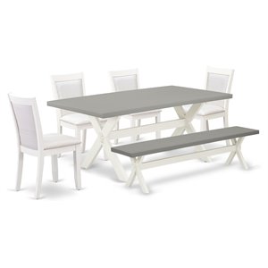 Pemberly Row 6-Piece Wood Dining Set with Bench & Cream Chairs