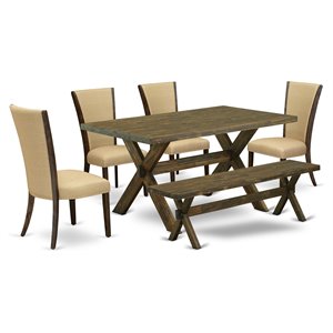 Pemberly Row 6-Piece Dining Set with Linen Chairs & Jacobean Finish