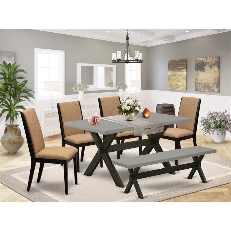 Pemberly Row 6-Piece Dining Set with Bench and Chairs in Wire Brushed Black