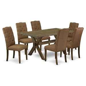 Pemberly Row 7-Piece Dining Set with X-Leg Table in Brown Smoke Finish