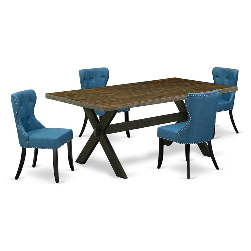 Pemberly Row 5-pc Wood Dining Set in Jacobean and Black with Linen Chairs