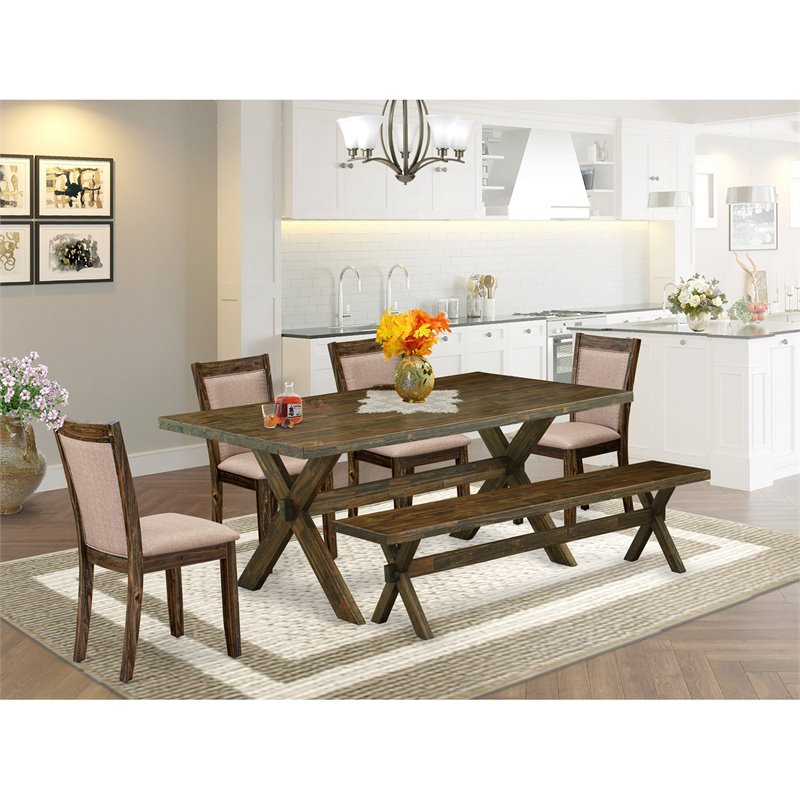 Pemberly Row 6-Pc Rubberwood Dining Table Set in Dark Khaki Gray/Jacobean