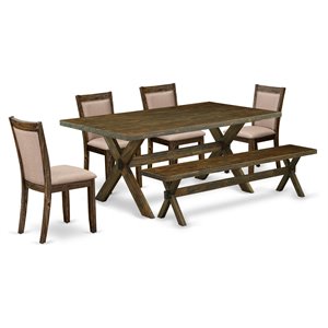 Pemberly Row 6-Pc Rubberwood Dining Table Set in Dark Khaki Gray/Jacobean