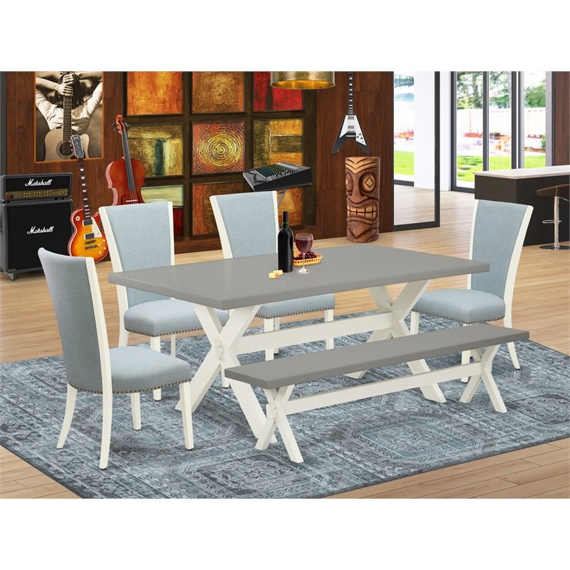 Pemberly Row 6-Piece Wooden Dining Set Baby Blue Linen White Upholstery