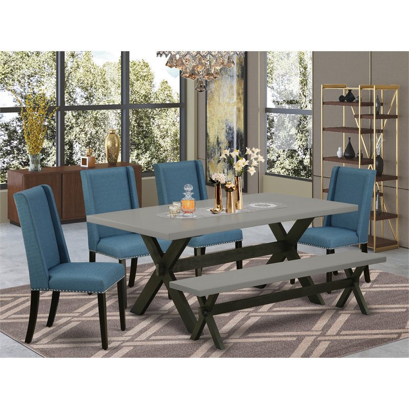 Pemberly Row 6-Piece Linen and Wood Dining Set in Mineral Blue