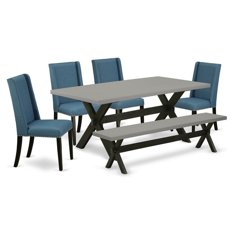 Pemberly Row 6-Piece Linen and Wood Dining Set in Mineral Blue