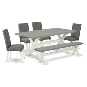 Pemberly Row 6-Piece Wood Dining Set with Bench and Fabric Seats