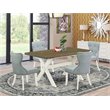 Pemberly Row 5-Piece Dining Set in Linen White with Baby Blue Upholstery