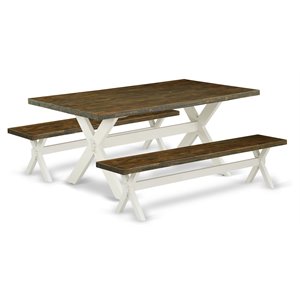 Pemberly Row 3-Piece Wood Dining Set with Benches in Linen White