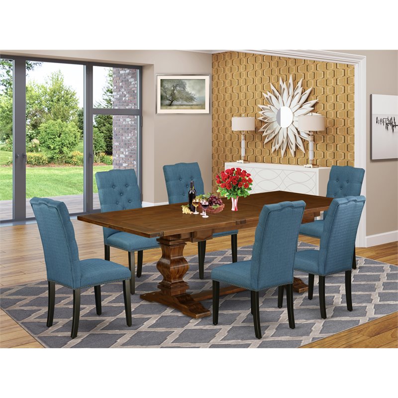 Pemberly Row 7-Piece Wood Dining Set in Walnut and Mineral Blue Finish