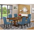 Pemberly Row 7-Piece Wood Dining Set in Walnut and Mineral Blue Finish