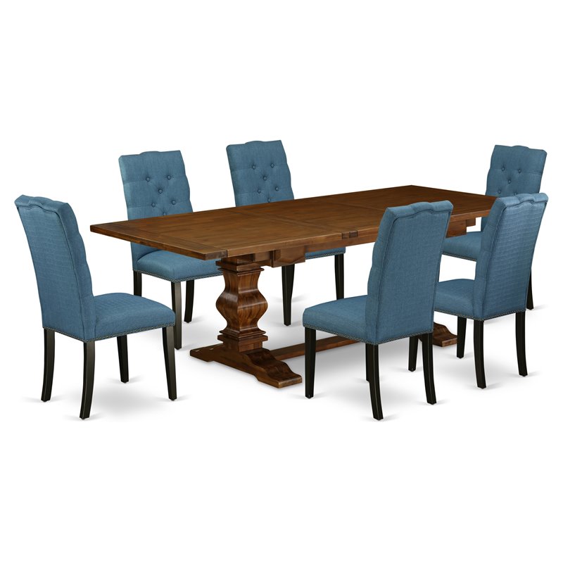 Pemberly Row 7-Piece Wood Dining Set in Walnut and Mineral Blue Finish
