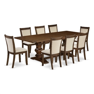 Pemberly Row 9-Pc Wooden Dining Set with Linen Fabric Chairs in Walnut
