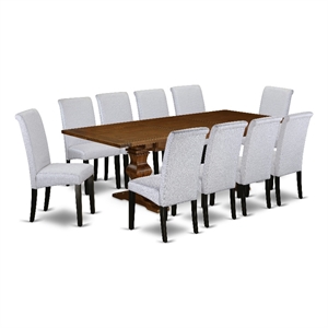 Pemberly Row 11-Piece Dining Set with Gray Linen Chairs in Antique Walnut