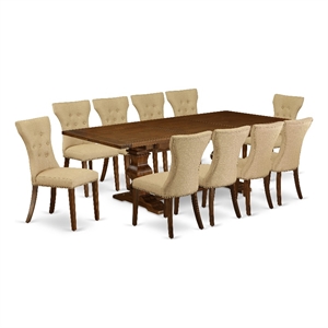 Pemberly Row 11-Piece Dining Set with Brown Linen Chairs in Antique Walnut
