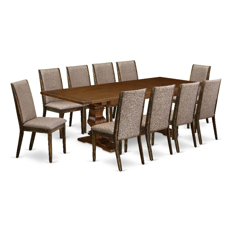 Pemberly Row 11-Piece Dining Set with Dark Khaki Linen Chairs in Walnut